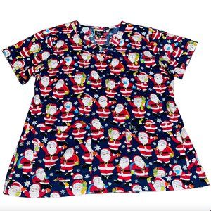 Peaches Sport Scrub Top Santa Claus Glitter Sparkle Navy Blue Womens Medium READ